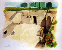Piazza davanti all’ingresso della Tomba delle cinque sedie. Disegno di Giuliano Gentile